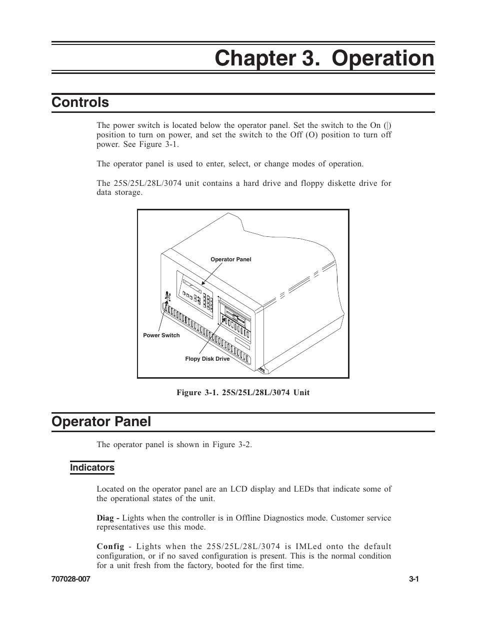 Chapter 3. operation, Controls, Operator panel | Indicators, Chapter 3. operation -1, Controls -1 operator panel -1, Indicators -1 | Visara SCON-25L Reference Manual User Manual | Page 33 / 52