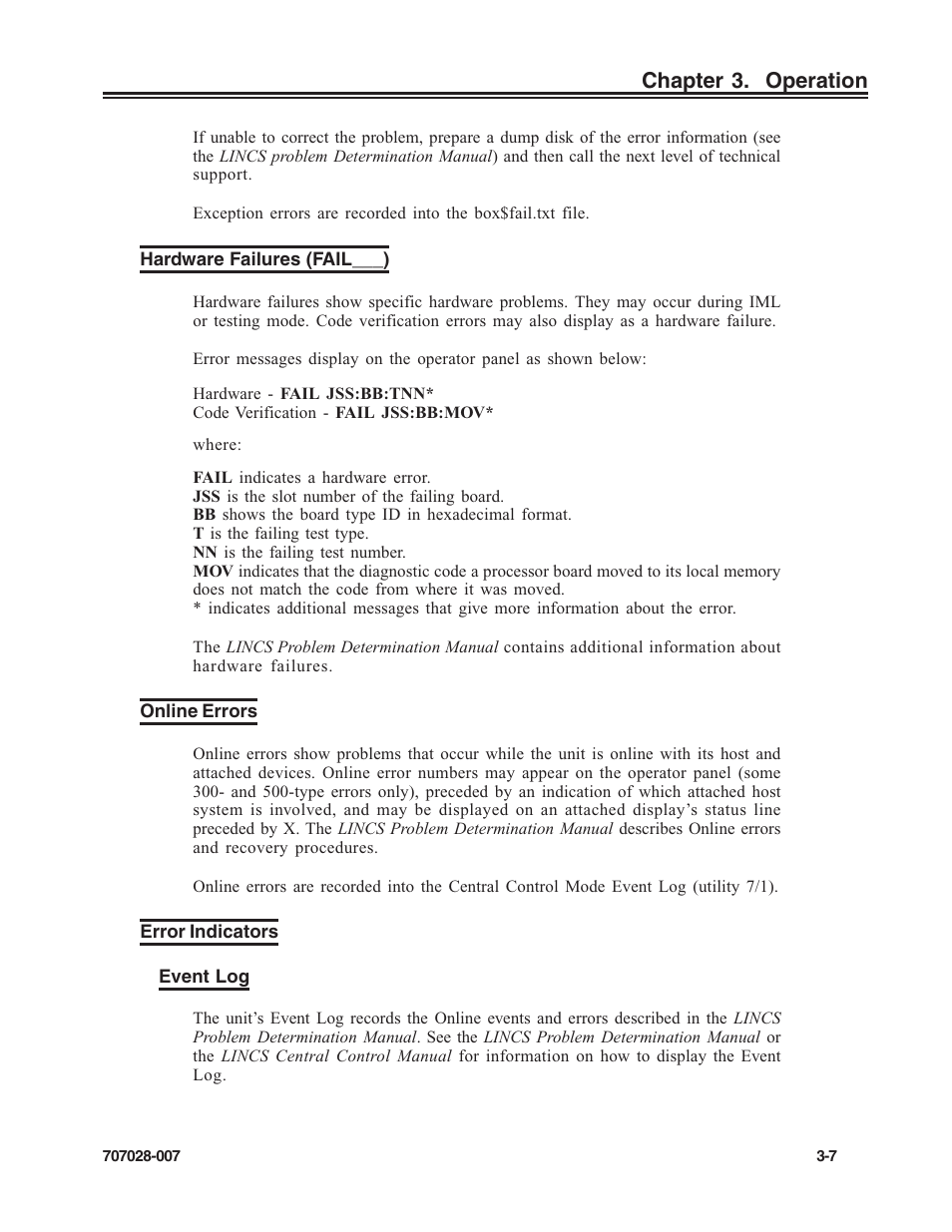 Hardware failures (fail___), Online errors, Error indicators | Event log, Hardware failures, Chapter 3. operation | Visara SCON-25L Reference Manual User Manual | Page 39 / 52