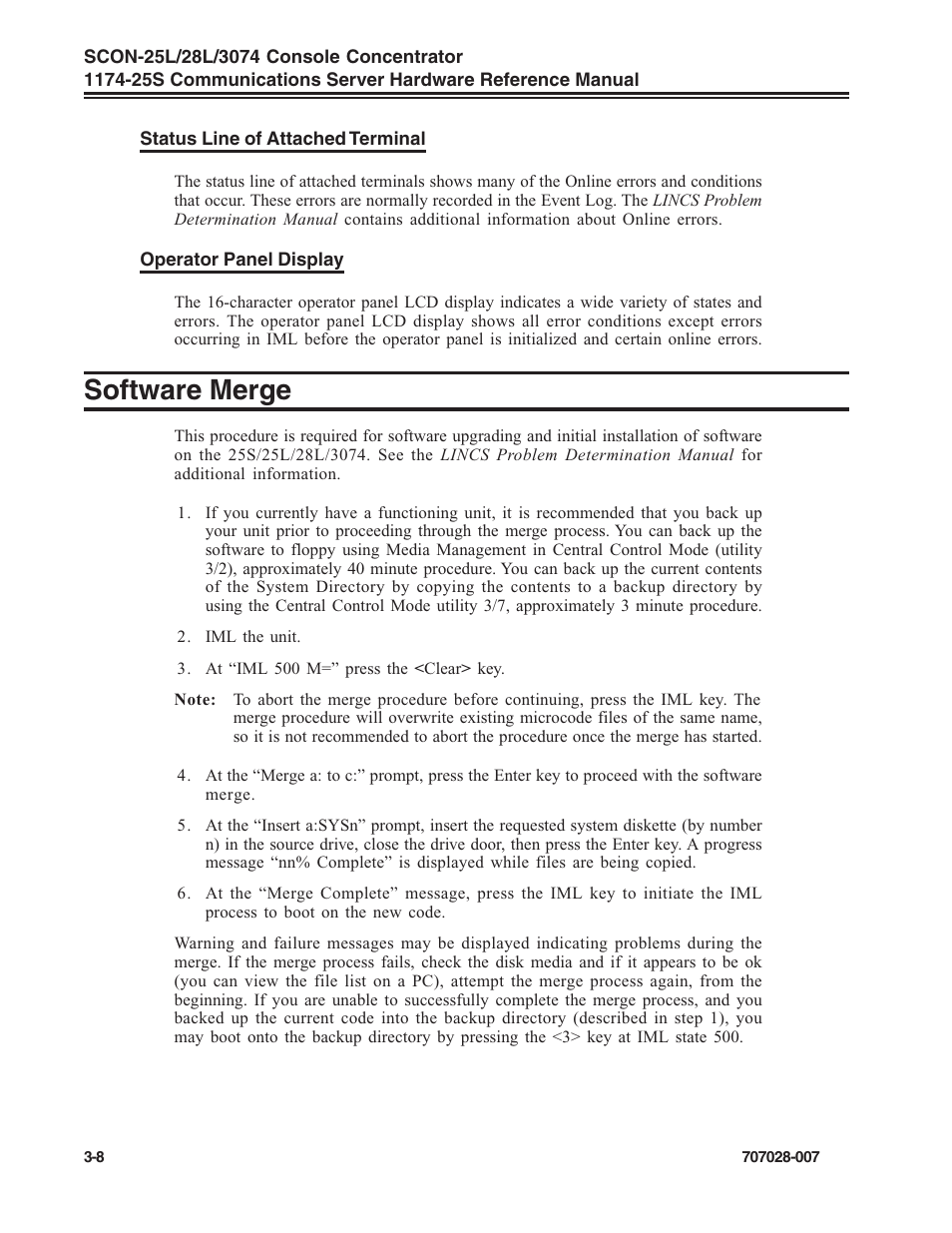 Software merge, Operator panel display, Software merge -8 | Visara SCON-25L Reference Manual User Manual | Page 40 / 52