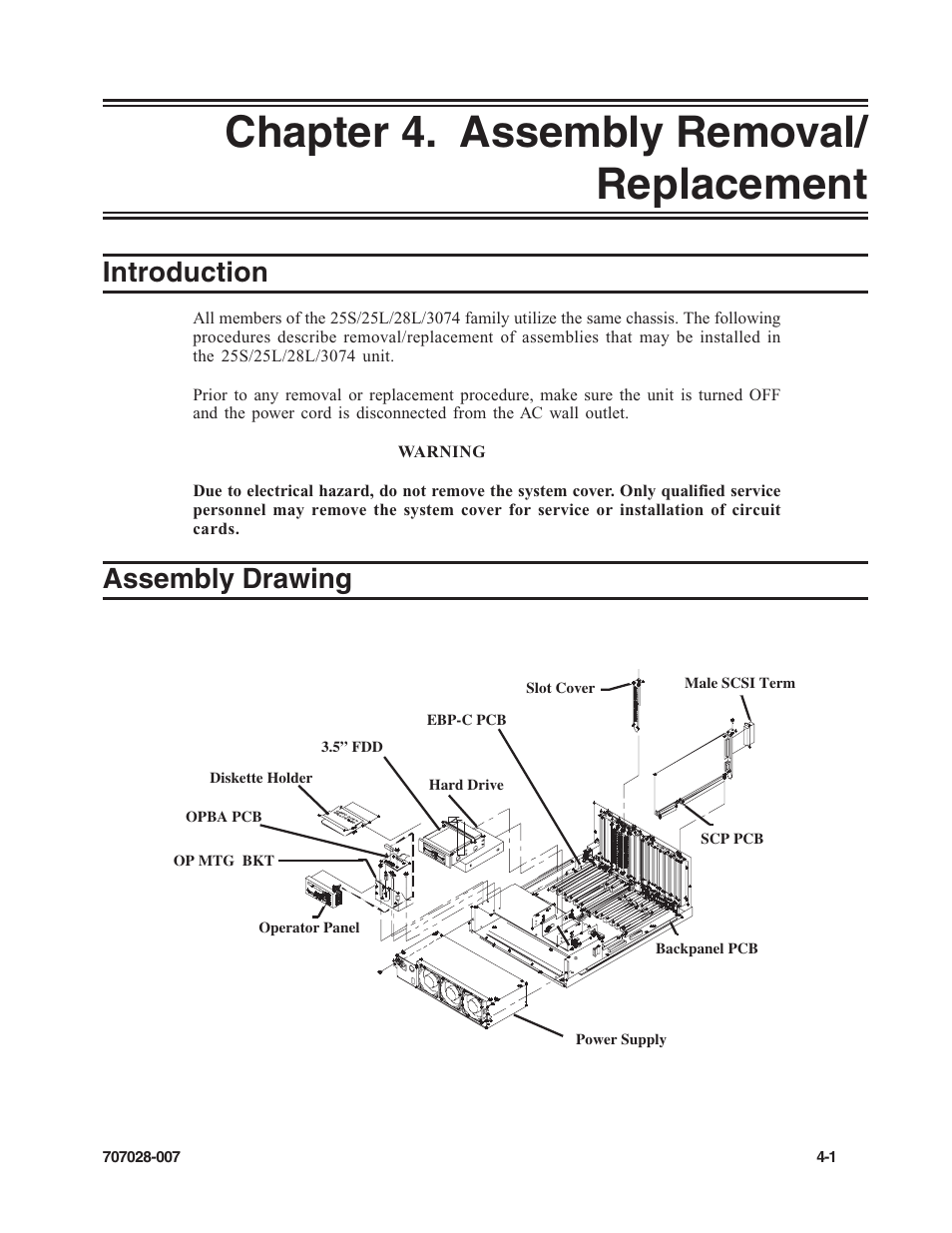 Chapter 4. assembly removal/replacement, Introduction, Assembly drawing | Chapter 4. assembly removal/replacement -1, Introduction -1 assembly drawing -1, Chapter 4. assembly removal/ replacement | Visara SCON-25L Reference Manual User Manual | Page 43 / 52