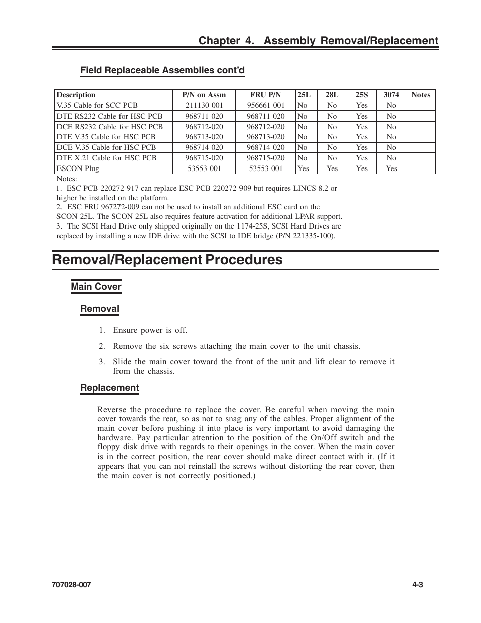 Removal/replacement procedures, Main cover, Main cover removal | Removal/replacement procedures -3, Main cover -3, Chapter 4. assembly removal/replacement | Visara SCON-25L Reference Manual User Manual | Page 45 / 52