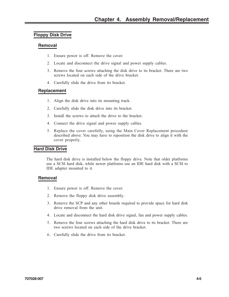 Floppy disk drive, Hard disk drive, Floppy disk drive removal | Hard disk drive removal, Floppy disk drive -5 hard disk drive -5, Chapter 4. assembly removal/replacement | Visara SCON-25L Reference Manual User Manual | Page 47 / 52