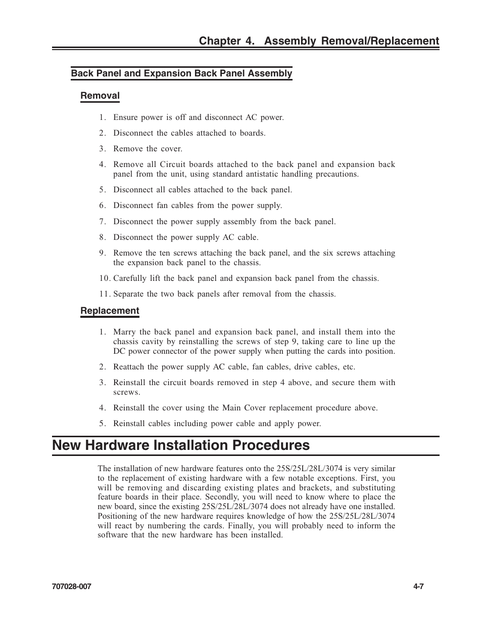 Back panel and expansion back panel assembly, New hardware installation procedures, Back panel & expansion back panel assembly removal | Hardware installation procedures, Back panel and expansion back panel assembly -7, New hardware installation procedures -7, Chapter 4. assembly removal/replacement | Visara SCON-25L Reference Manual User Manual | Page 49 / 52