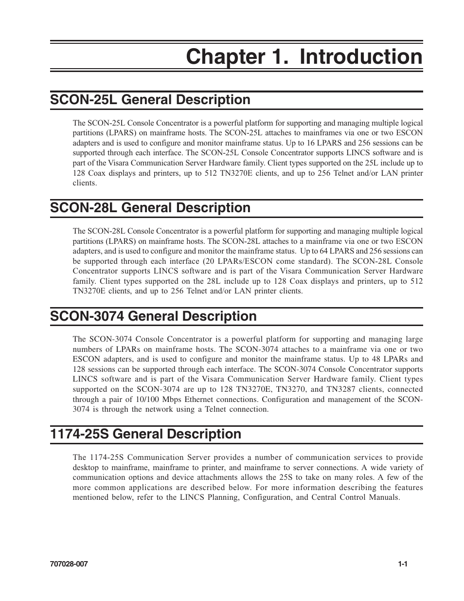 Chapter 1. introduction, Scon-25l general description, Scon-28l general description | Scon-3074 general description, 1174-25s general description, General description, 1174-25s, Scon-25l, Scon-28l, Chapter 1. introduction -1 | Visara SCON-25L Reference Manual User Manual | Page 7 / 52