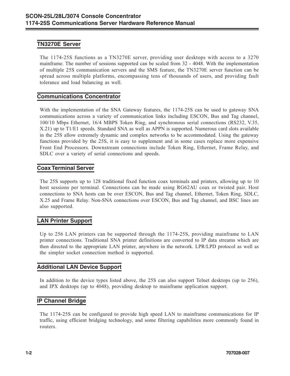 Tn3270e server, Communications concentrator, Coax terminal server | Lan printer support, Additional lan device support, Ip channel bridge, Lan device support | Visara SCON-25L Reference Manual User Manual | Page 8 / 52