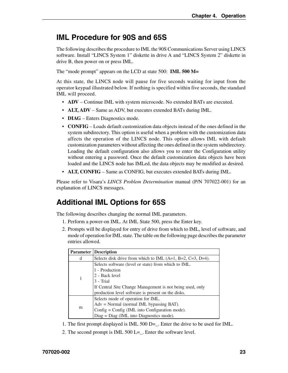 Iml procedure for 90s and 65s, Additional iml options for 65s, Iml options | Iml procedure | Visara 1174-65S User Manual | Page 29 / 42
