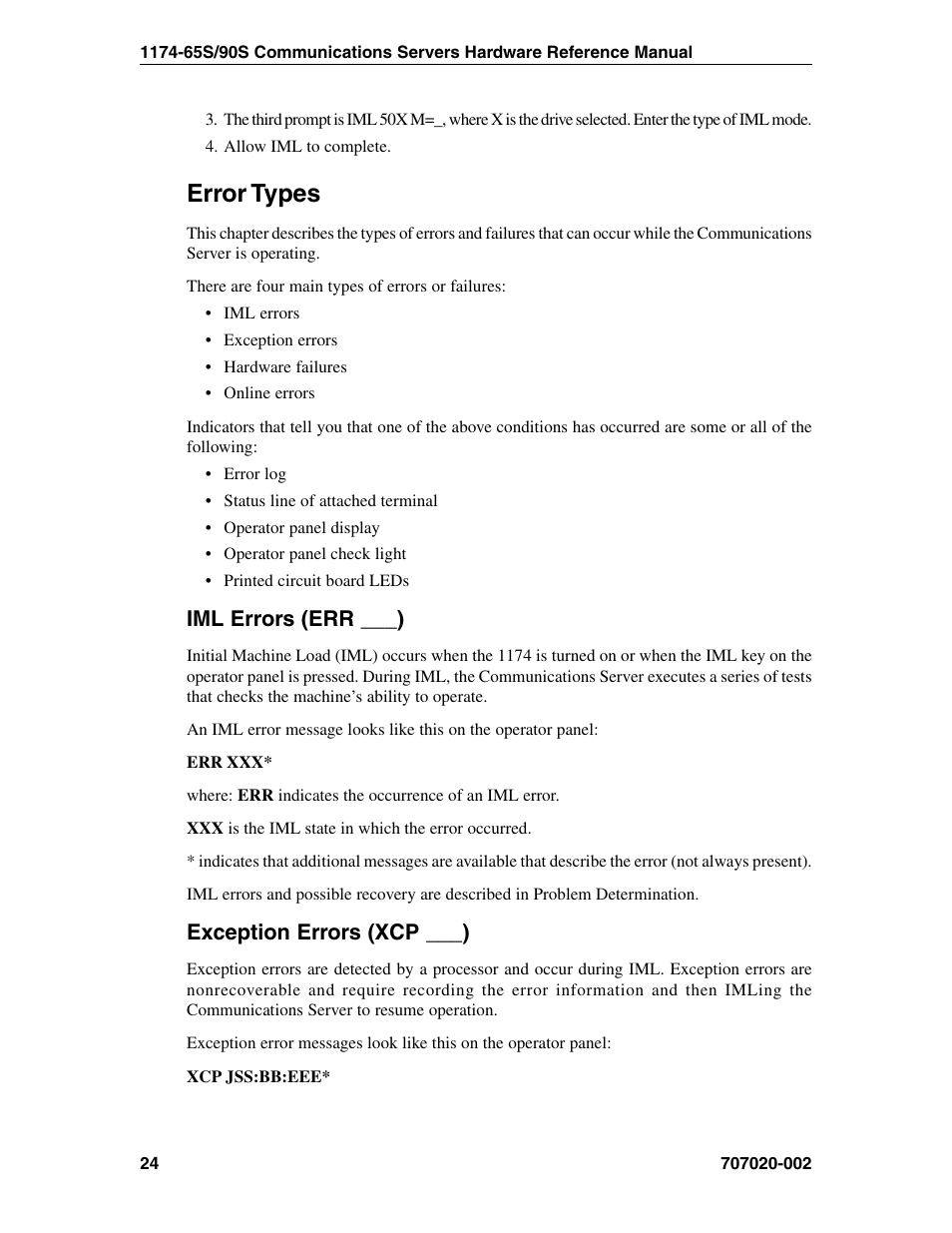 Error types, Iml errors (err ___), Exception errors (xcp ___) | Exception errors, Iml errors, Iml errors (err ___) exception errors (xcp ___) | Visara 1174-65S User Manual | Page 30 / 42
