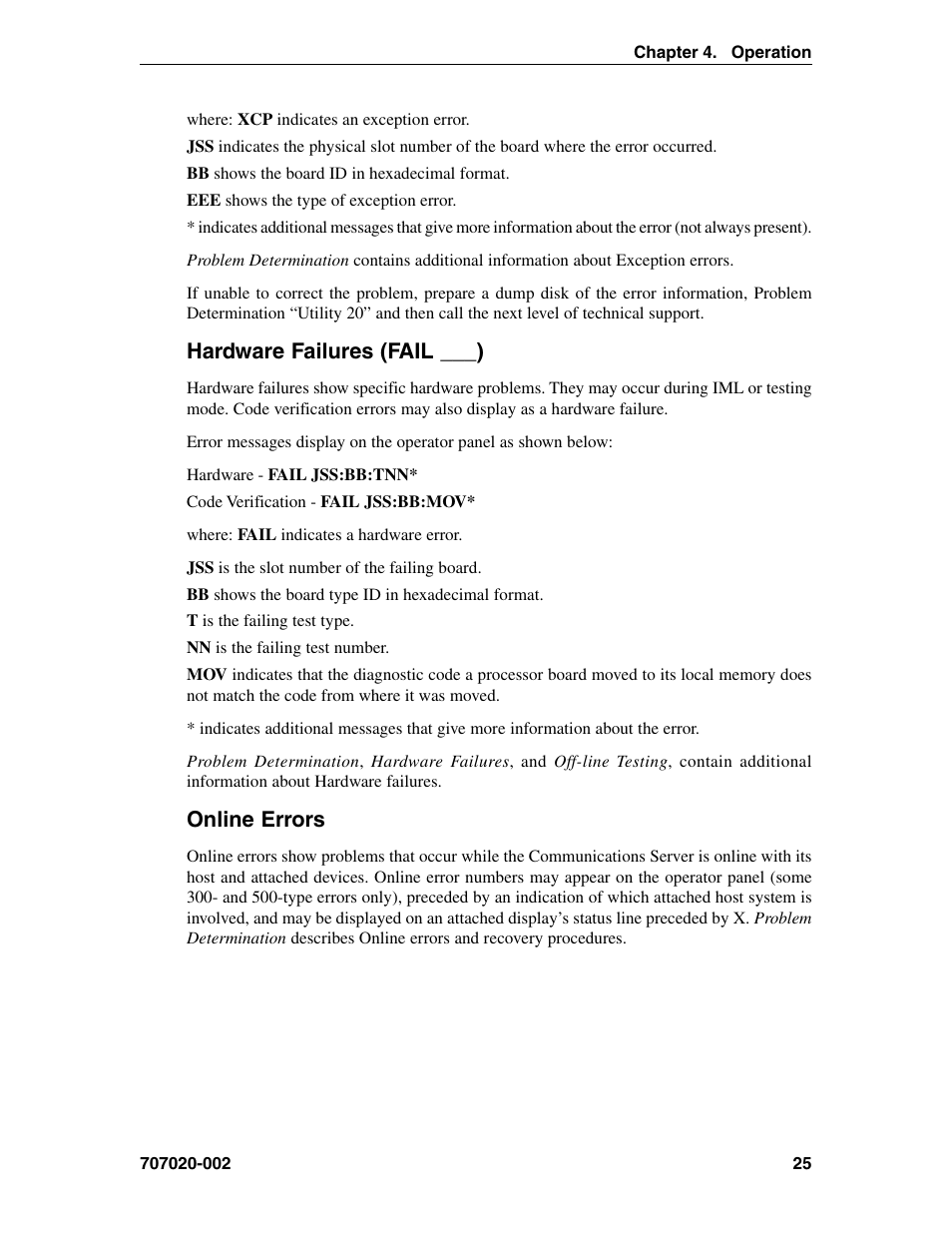 Hardware failures (fail ___), Online errors, Hardware failures | Hardware failures (fail ___) online errors | Visara 1174-65S User Manual | Page 31 / 42