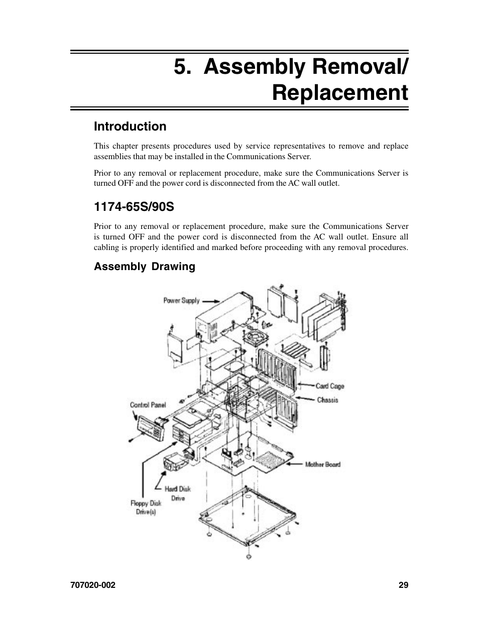 Assembly removal/replacement, Introduction, 1174-65s/90s | Assembly drawing, Introduction 1174-65s/90s, Assembly removal/ replacement | Visara 1174-65S User Manual | Page 35 / 42