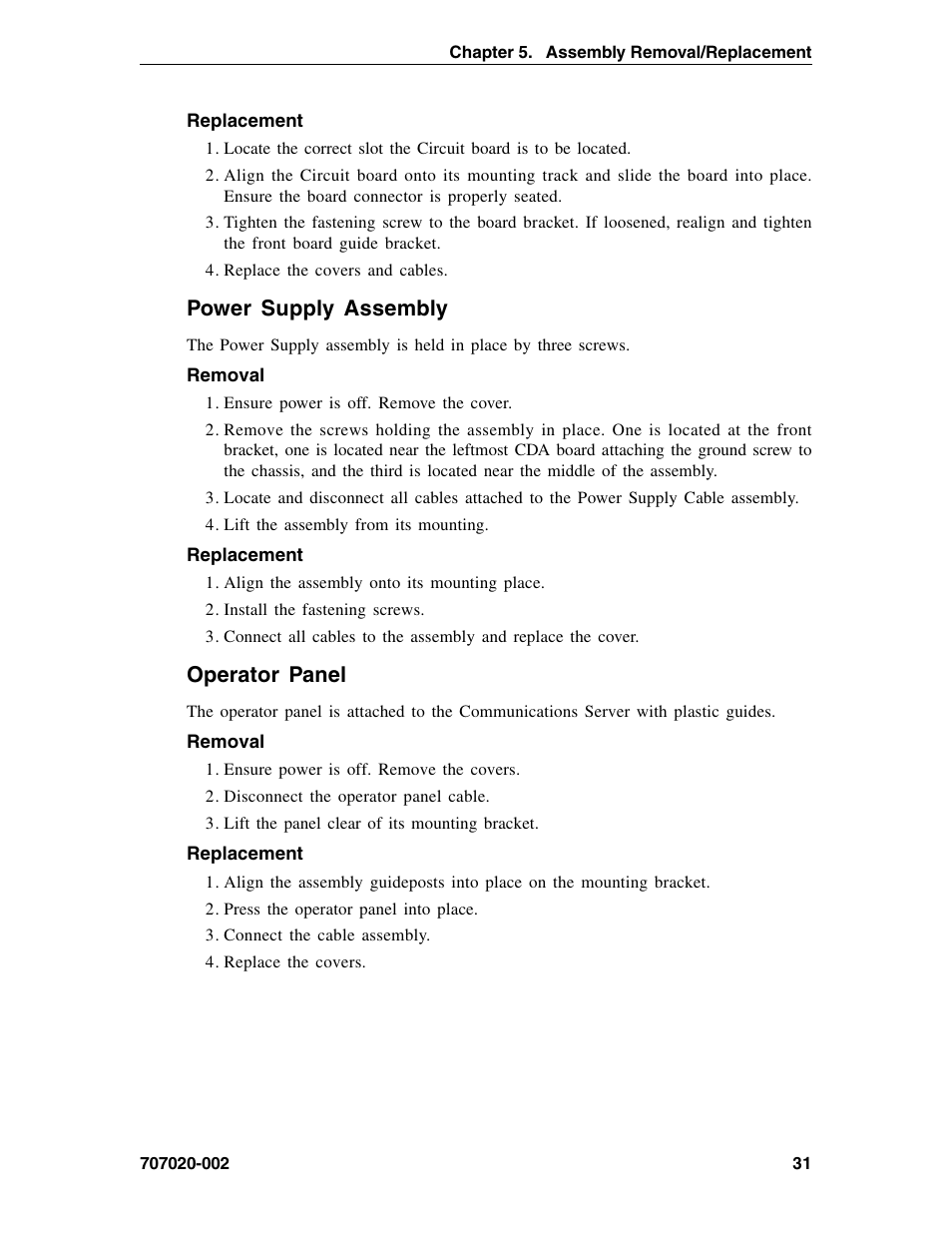 Power supply assembly, Operator panel, Operator panel, removal | Power supply, removal, Power supply assembly operator panel | Visara 1174-65S User Manual | Page 37 / 42