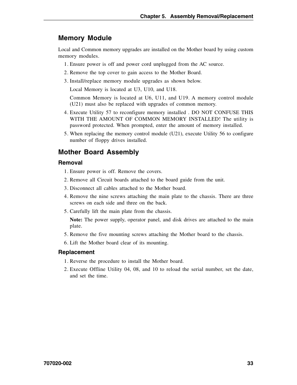 Memory module, Mother board assembly, Upgrades | Mother board, removal, Memory module mother board assembly | Visara 1174-65S User Manual | Page 39 / 42