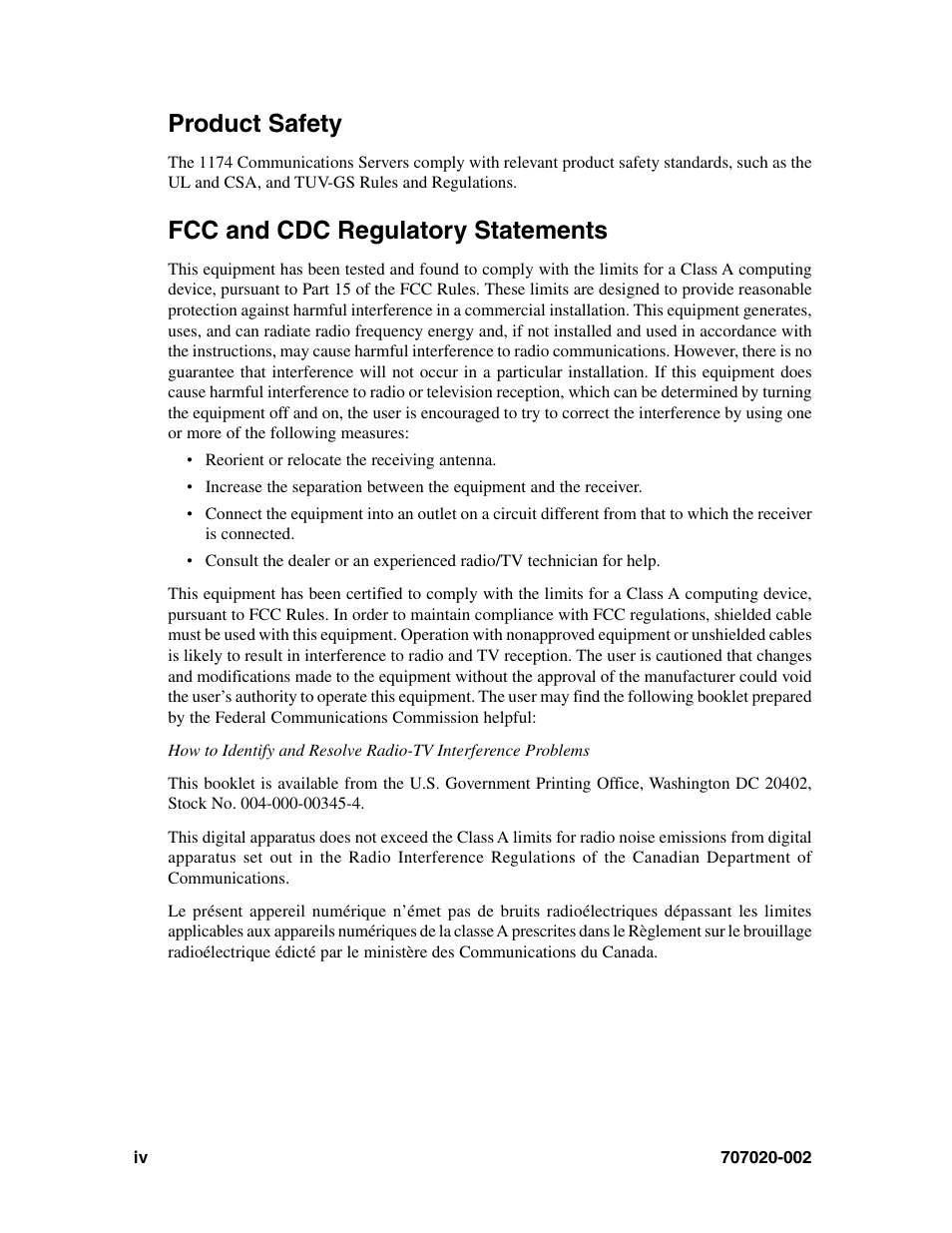 Product safety, Fcc and cdc regulatory statements | Visara 1174-65S User Manual | Page 4 / 42