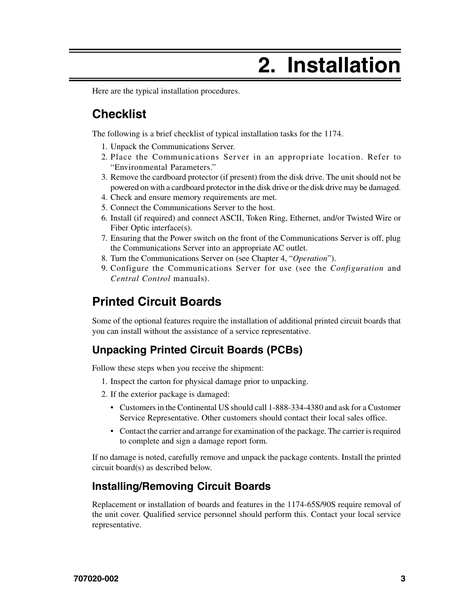 Installation, Checklist, Printed circuit boards | Unpacking printed circuit boards (pcbs), Installing/removing circuit boards, Installation checklist, Checklist printed circuit boards | Visara 1174-65S User Manual | Page 9 / 42