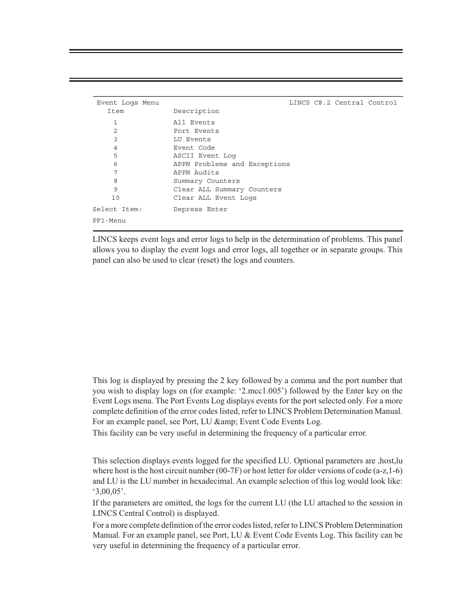 Event logs menu, Event logs menu 7 | Visara LINCS Central Control User Manual | Page 103 / 180
