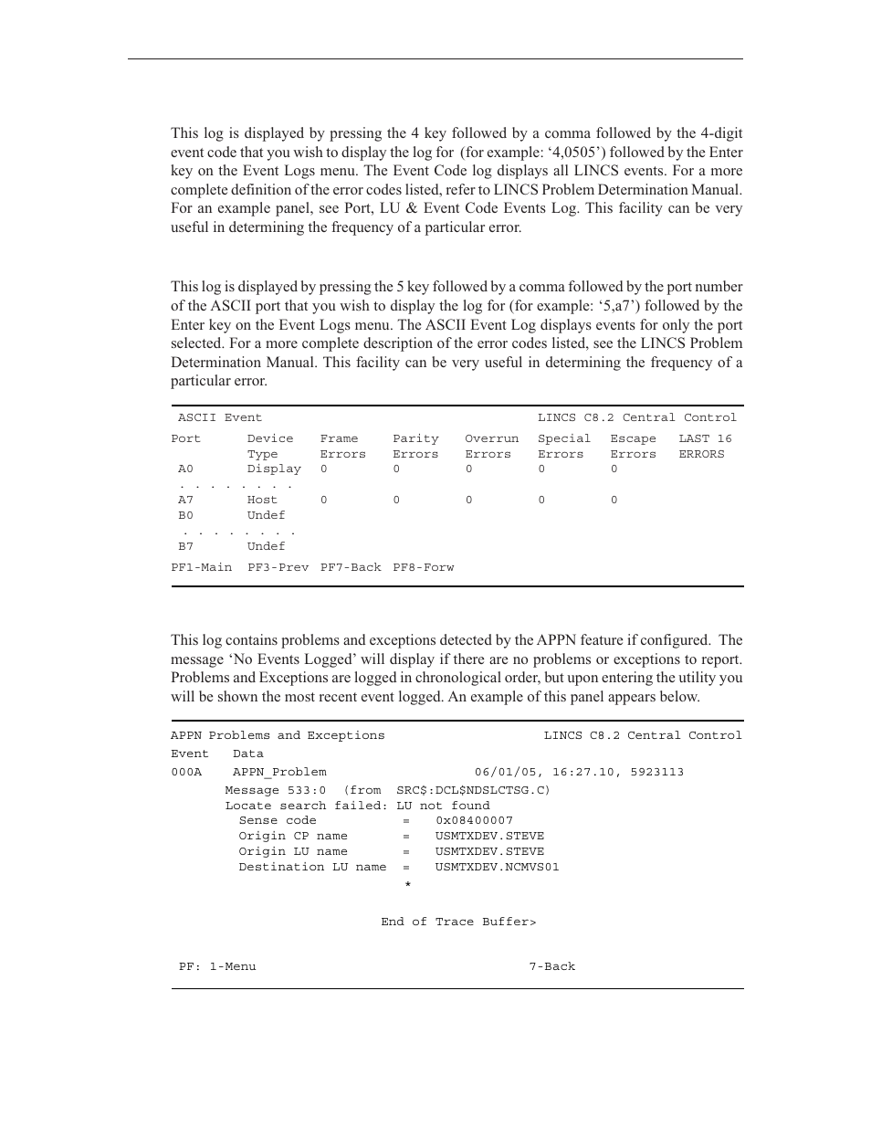 Ascii event log, Appn problems and exceptions summary counters, Event code events log | Visara LINCS Central Control User Manual | Page 104 / 180
