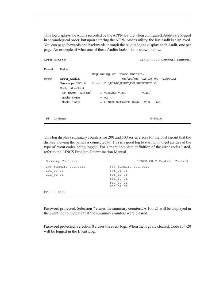 Appn audits, Summary counters | Visara LINCS Central Control User Manual | Page 105 / 180