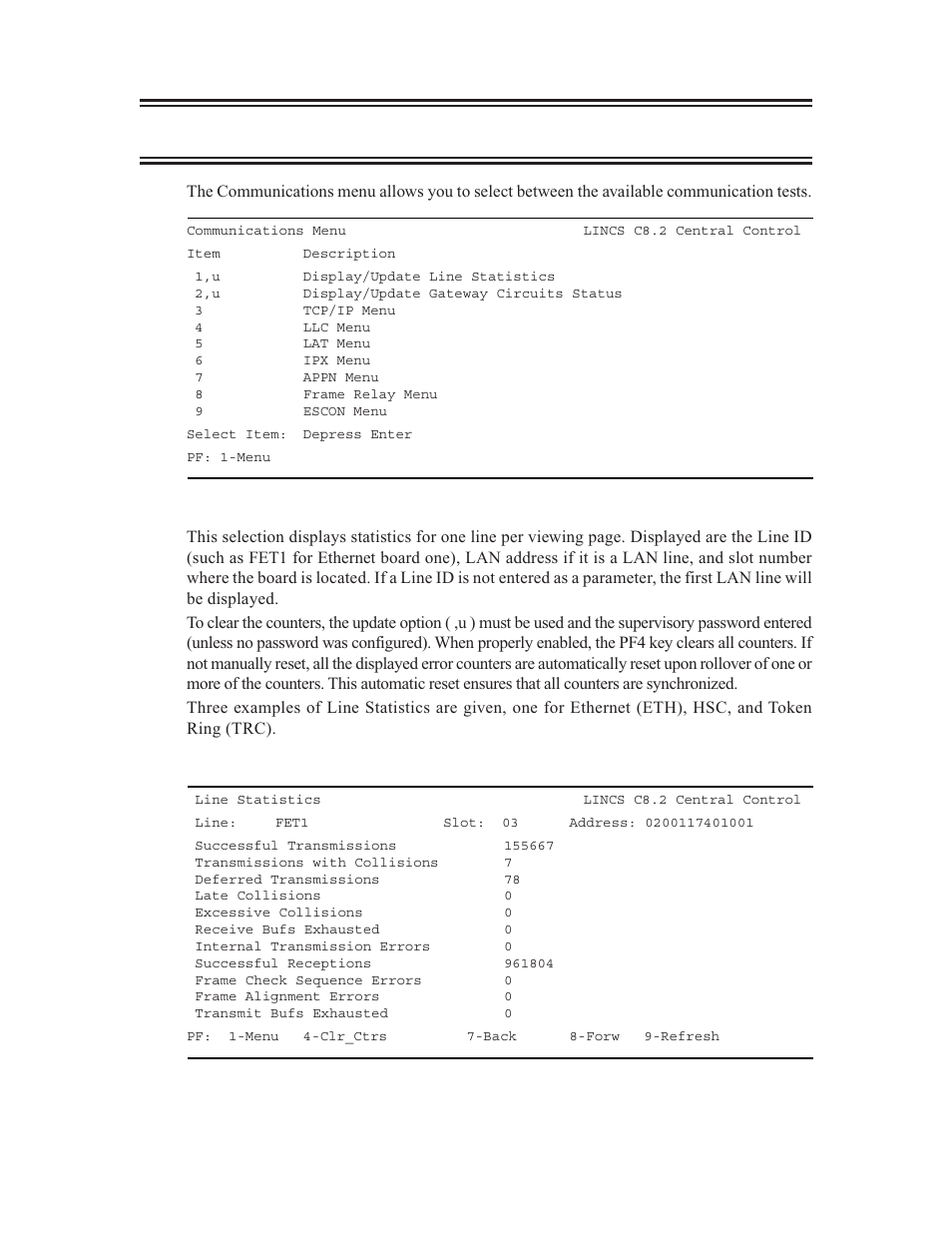 Communications menu, Line statistics | Visara LINCS Central Control User Manual | Page 107 / 180