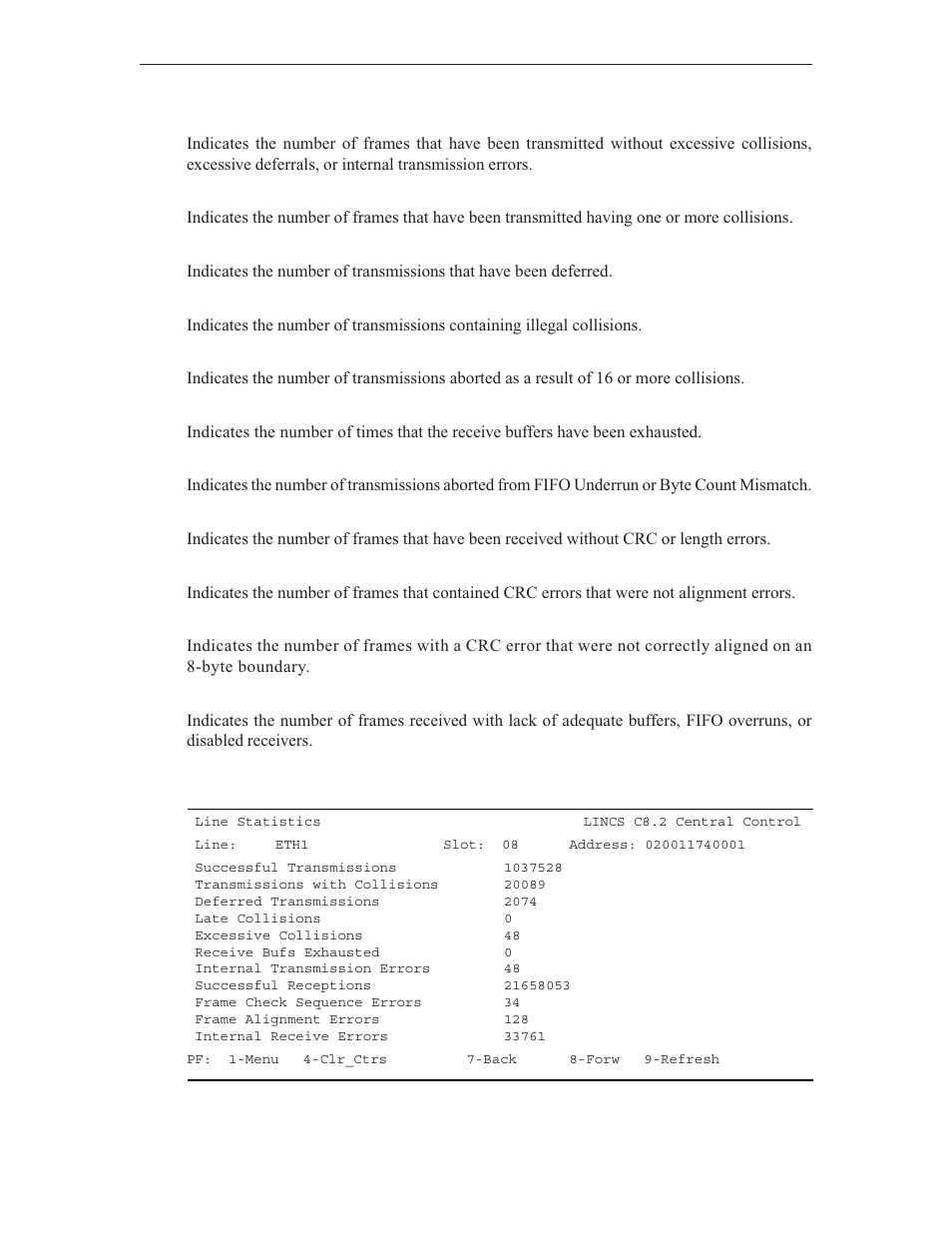 Line statistics eth | Visara LINCS Central Control User Manual | Page 108 / 180