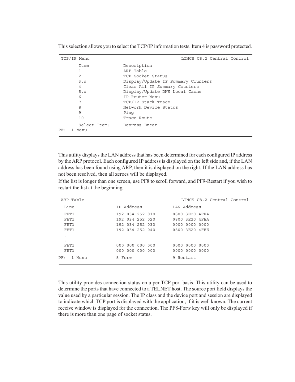 Tcp/ip menu, Arp table, Tcp socket status | Visara LINCS Central Control User Manual | Page 113 / 180