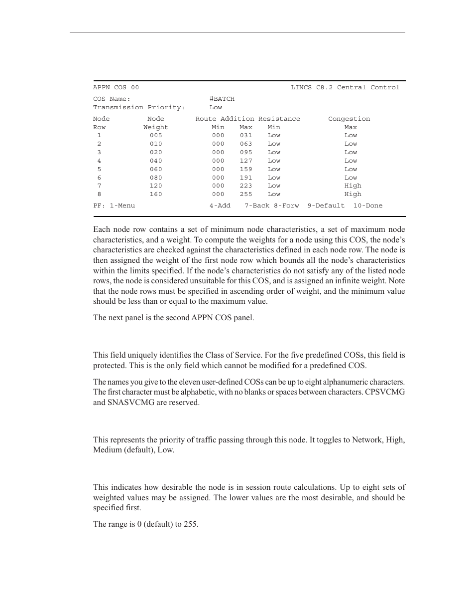 First appn cos panel, Cos name, Transmission priority | Node weight | Visara LINCS Central Control User Manual | Page 12 / 180