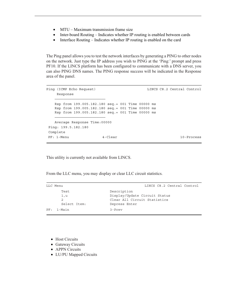 Ping, Trace route, Llc menu | Visara LINCS Central Control User Manual | Page 121 / 180