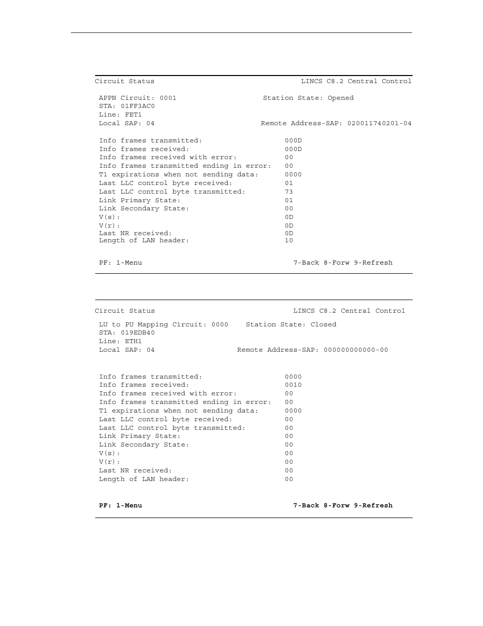 Appn circuit status example, Lu/pu mapping circuit status example | Visara LINCS Central Control User Manual | Page 123 / 180