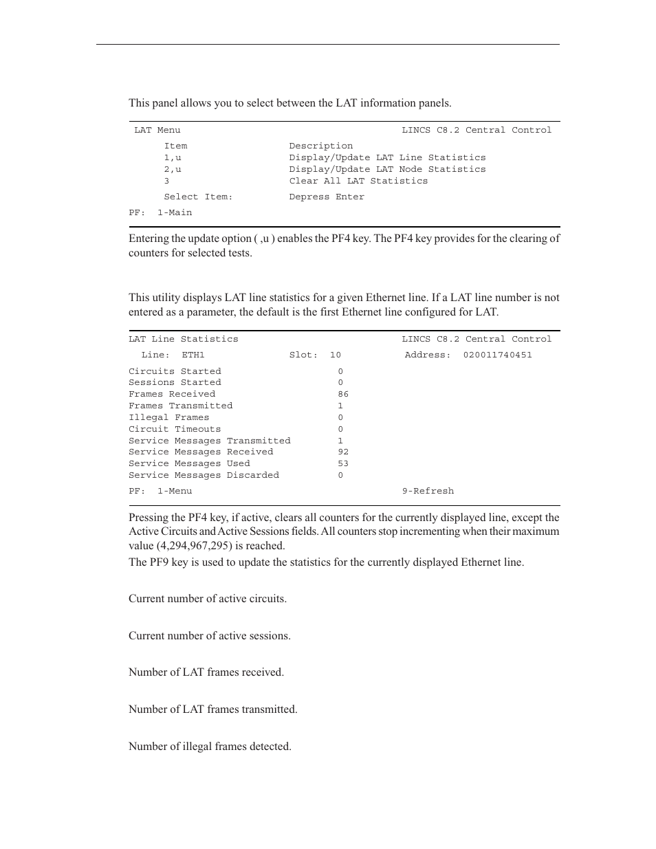 Lat menu, Lat line statistics | Visara LINCS Central Control User Manual | Page 126 / 180