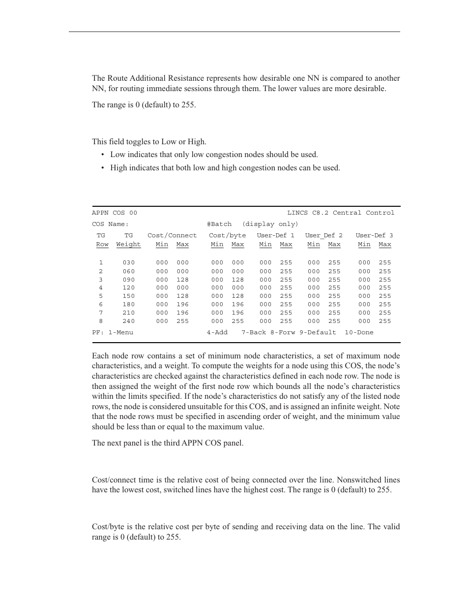 Route addition resistance, Congestion, Second appn cos panel | Cost/connect, Cost/byte | Visara LINCS Central Control User Manual | Page 13 / 180