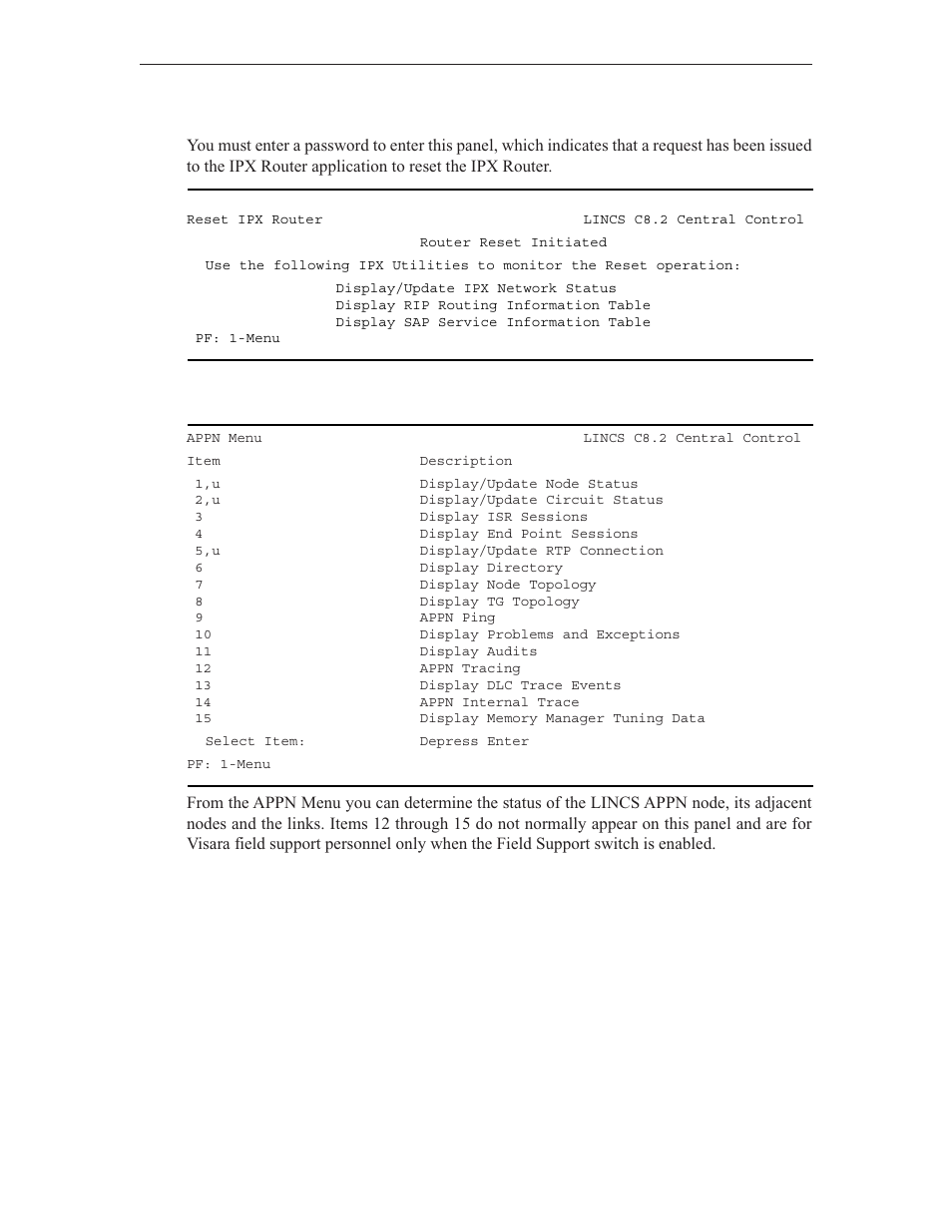 Appn menu, Ipx reset panel | Visara LINCS Central Control User Manual | Page 138 / 180