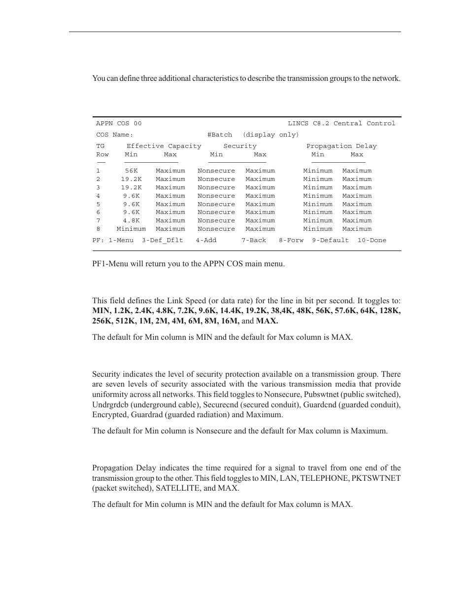 User-defined, Third appn cos panel, Effective capacity | Security, Propagation delay | Visara LINCS Central Control User Manual | Page 14 / 180