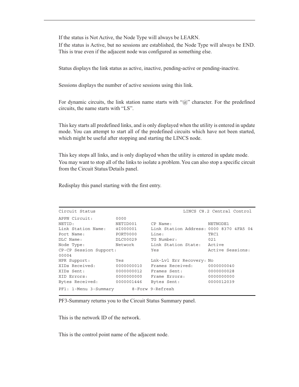 Appn circuit status/details | Visara LINCS Central Control User Manual | Page 141 / 180