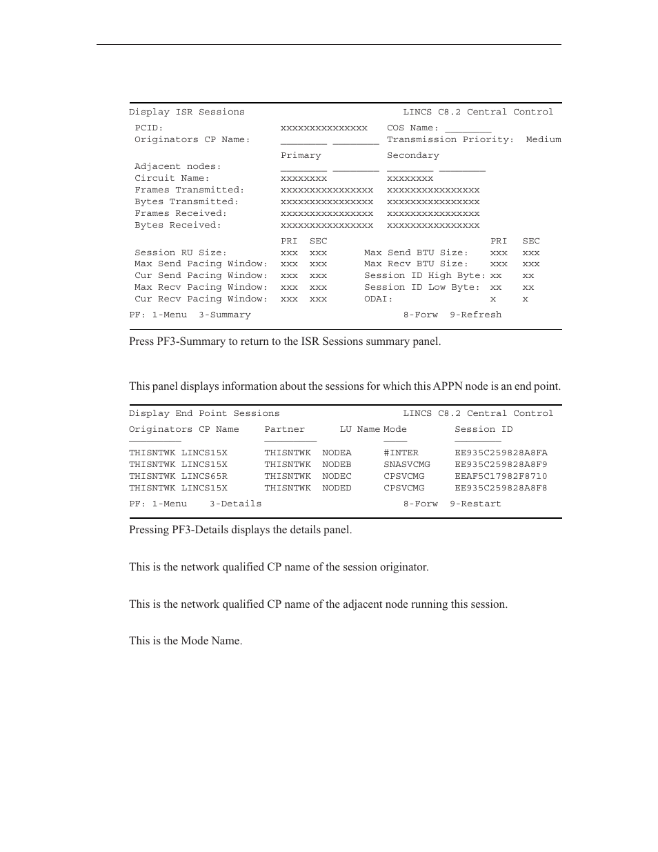 End point sessions summary, Isr sessions detail | Visara LINCS Central Control User Manual | Page 144 / 180