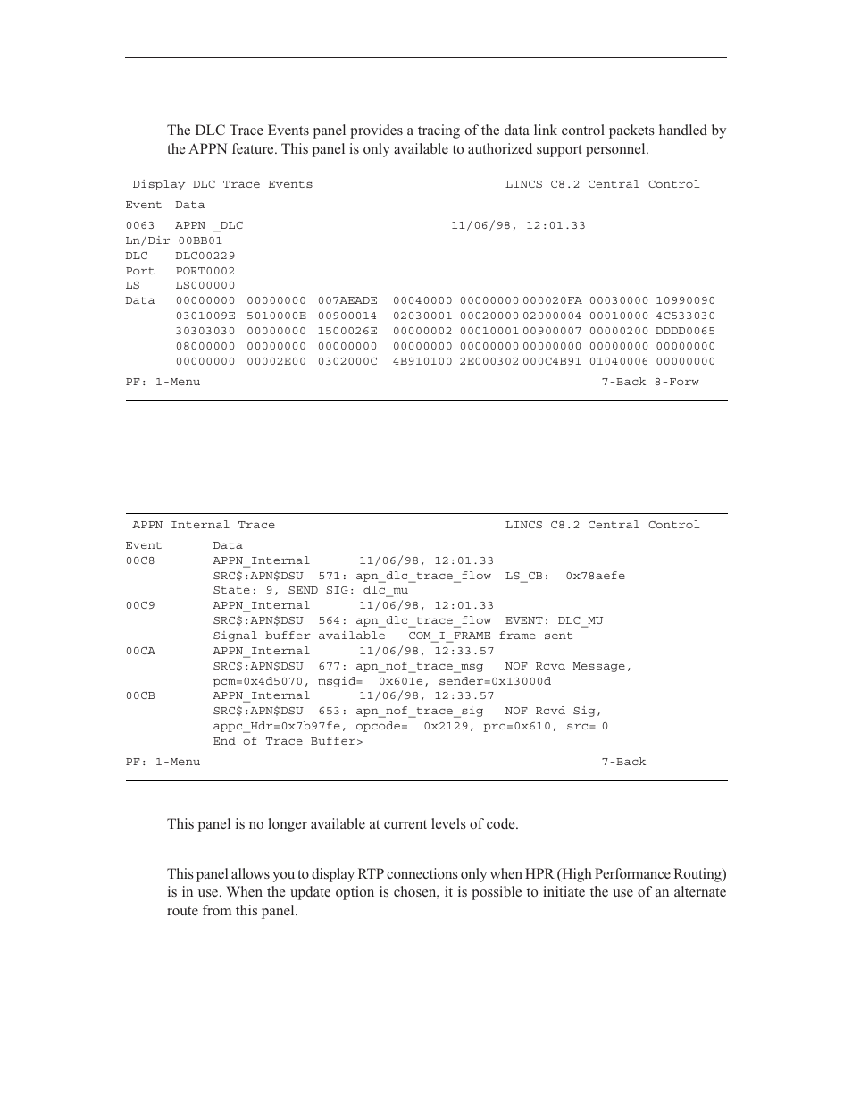 Dlc trace events, Appn internal trace, Rtp connection | Visara LINCS Central Control User Manual | Page 153 / 180