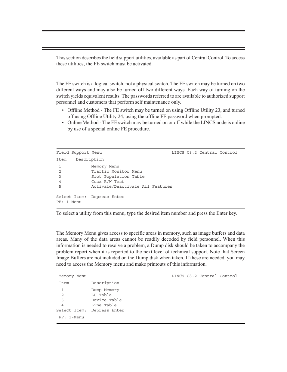 Field support utilities, Fe switch activation and deactivation, Field support menu | Visara LINCS Central Control User Manual | Page 157 / 180