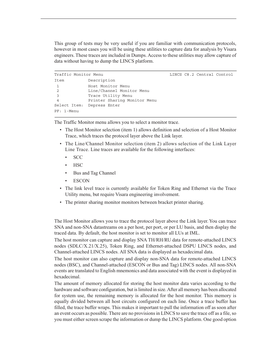 Traffic monitor menu, Host monitor menu | Visara LINCS Central Control User Manual | Page 160 / 180