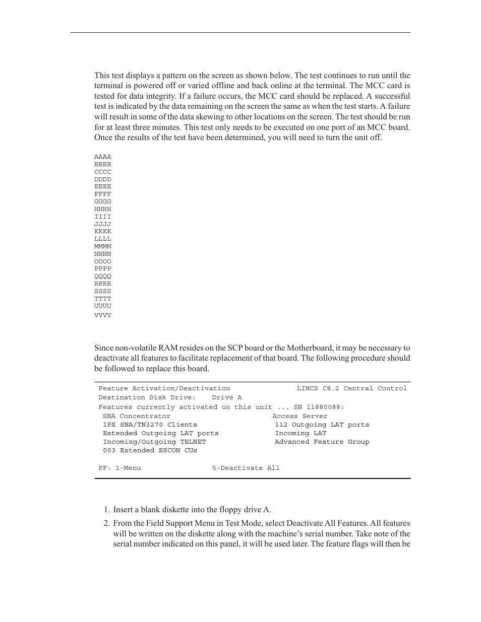 Coax r/w test, Activate/deactivate all features, Scp board replacement procedures | Visara LINCS Central Control User Manual | Page 178 / 180