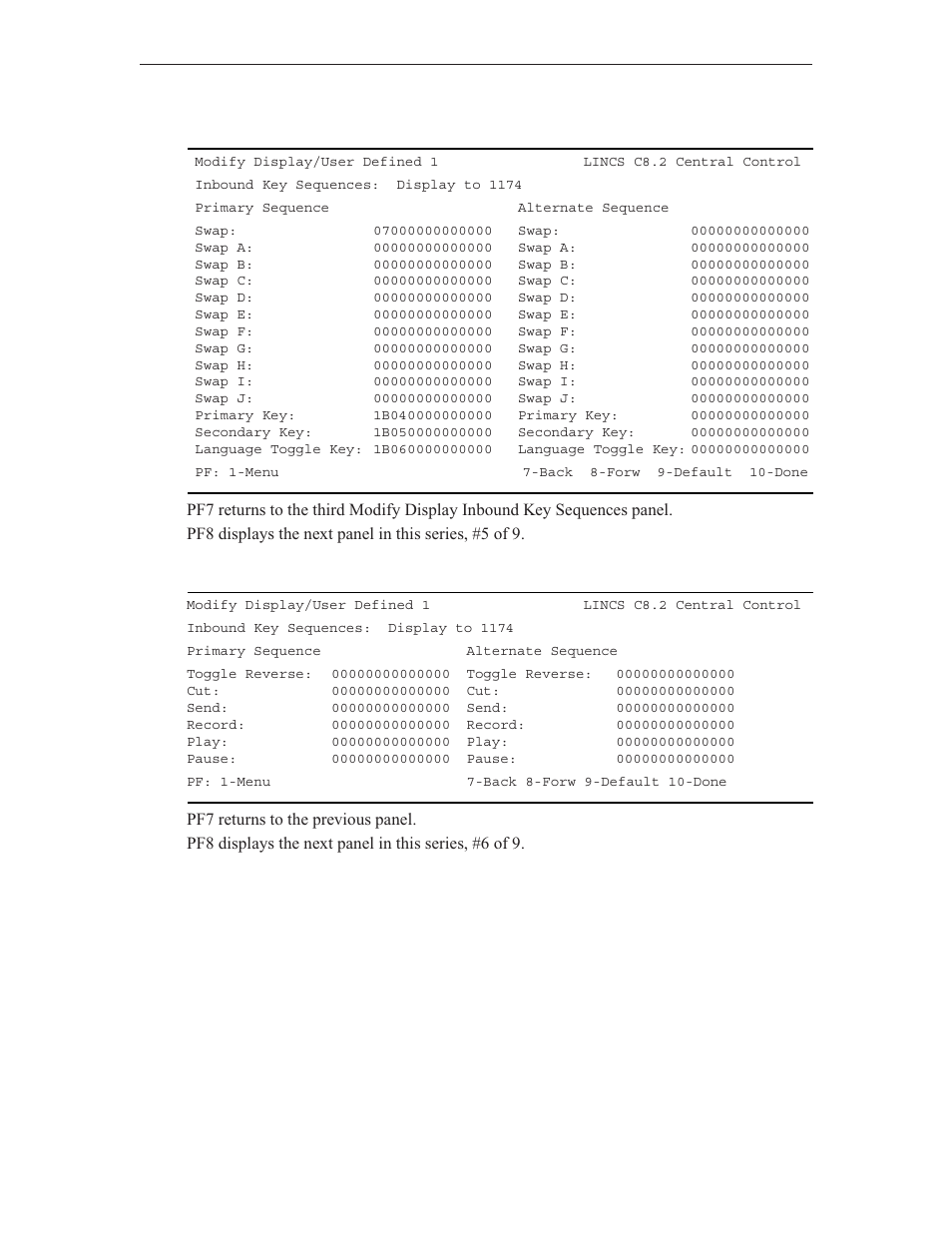 Inbound key sequences #4, Inbound key sequences #5 | Visara LINCS Central Control User Manual | Page 34 / 180