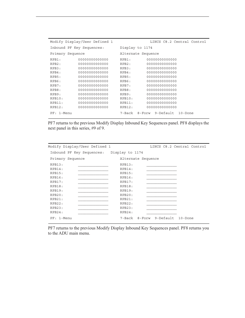 Inbound key sequences #8, Inbound sequences #9 | Visara LINCS Central Control User Manual | Page 36 / 180