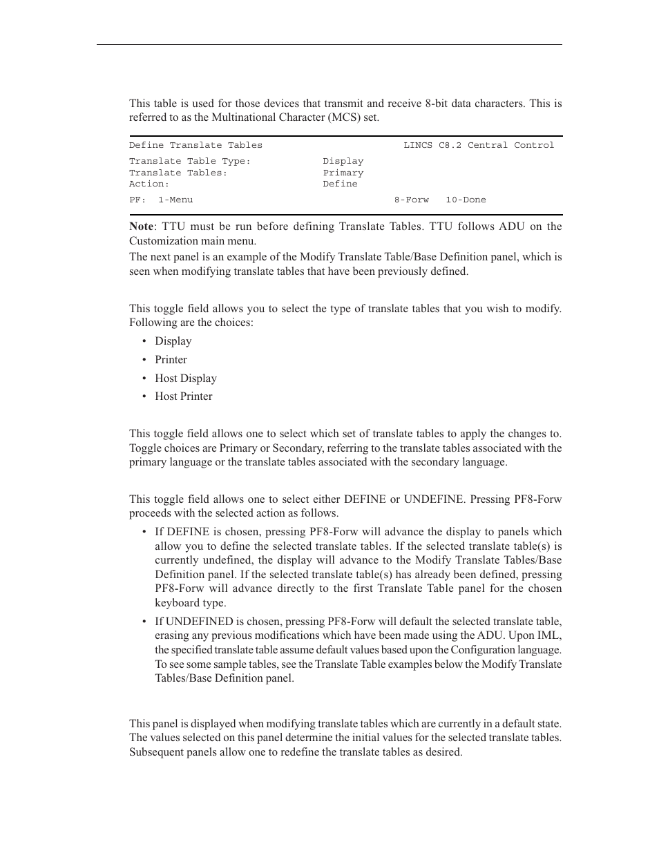 Define translate tables, Modify ttu/base definition | Visara LINCS Central Control User Manual | Page 38 / 180