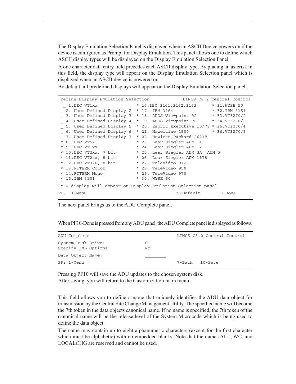 Define display emulation selection, Adu complete | Visara LINCS Central Control User Manual | Page 45 / 180