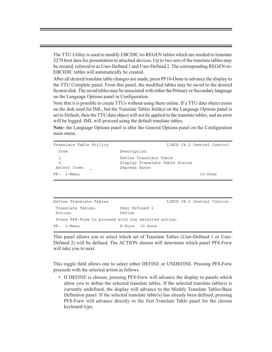 Translate table utility (ttu), Translate table utility (ttu) 1, Define translate table (ttu) | Visara LINCS Central Control User Manual | Page 47 / 180