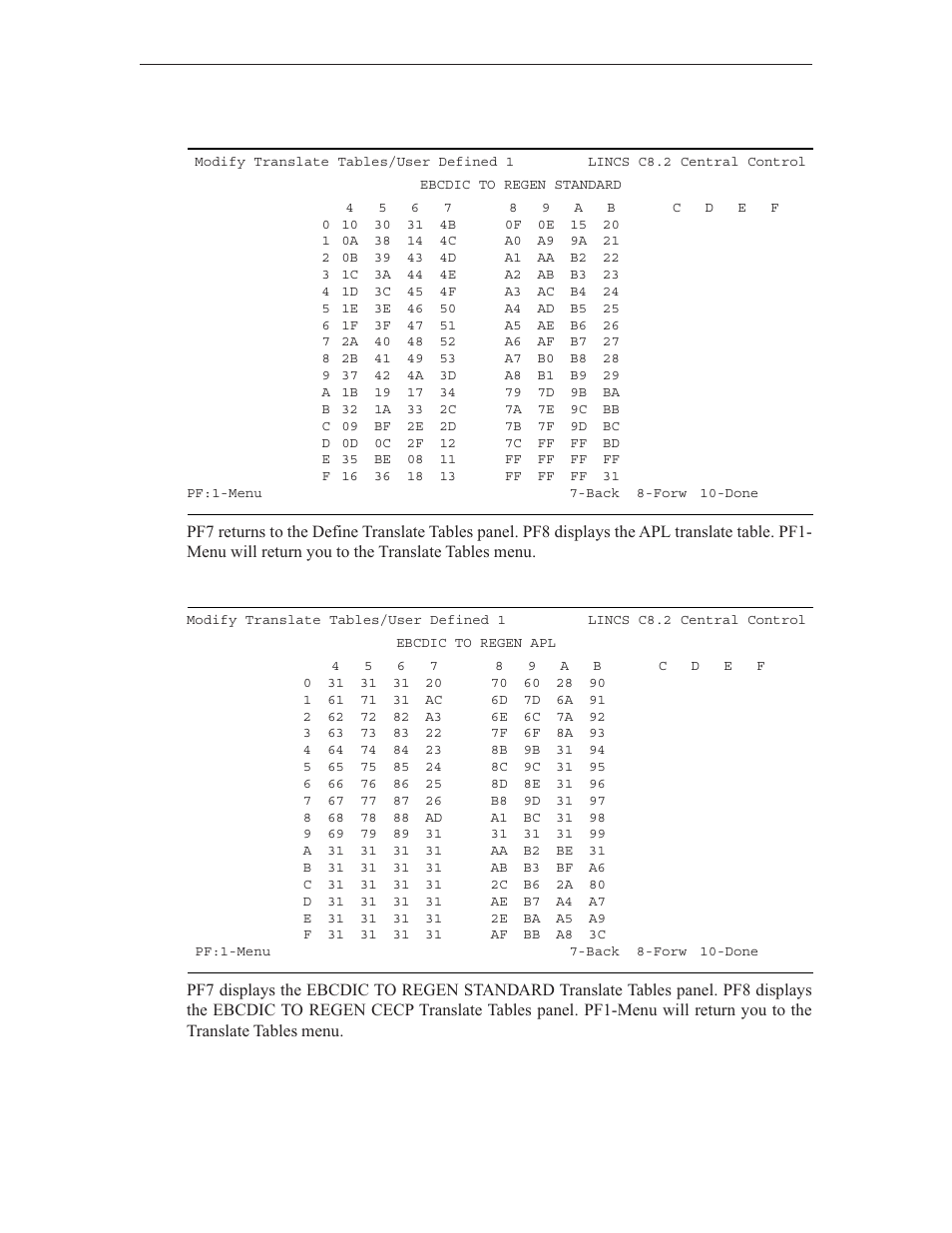 Ebcdic to regen standard, Ebcdic to regen apl | Visara LINCS Central Control User Manual | Page 49 / 180