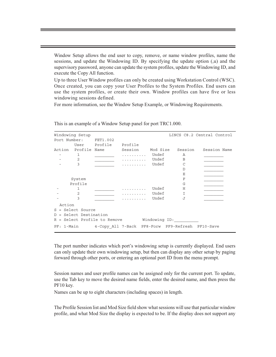 Windowing setup, Windowing setup 7, Windowing setup example | Visara LINCS Central Control User Manual | Page 53 / 180