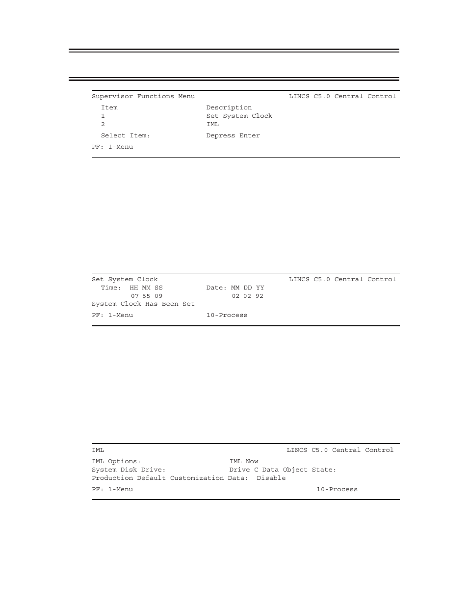 Supervisor functions menu, Supervisor functions menu 1, Set system clock | Visara LINCS Central Control User Manual | Page 67 / 180