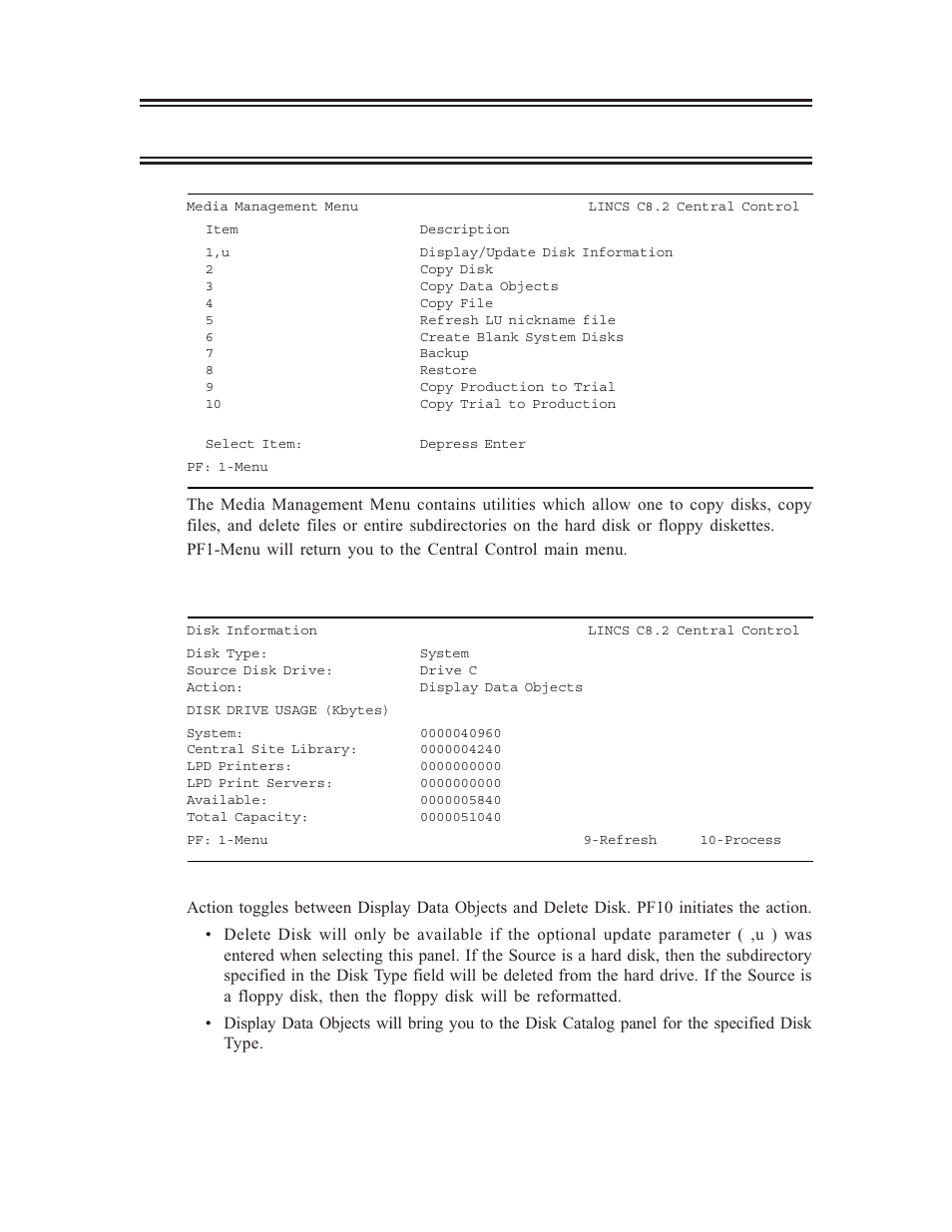 Media management menu, Media management menu 3, Display/update disk information | Visara LINCS Central Control User Manual | Page 69 / 180