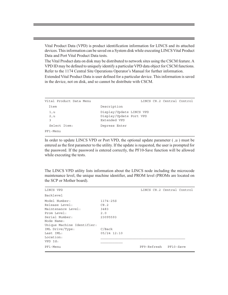 Vital product data, Vital product data 3, Vital product data menu | Lincs vpd | Visara LINCS Central Control User Manual | Page 79 / 180