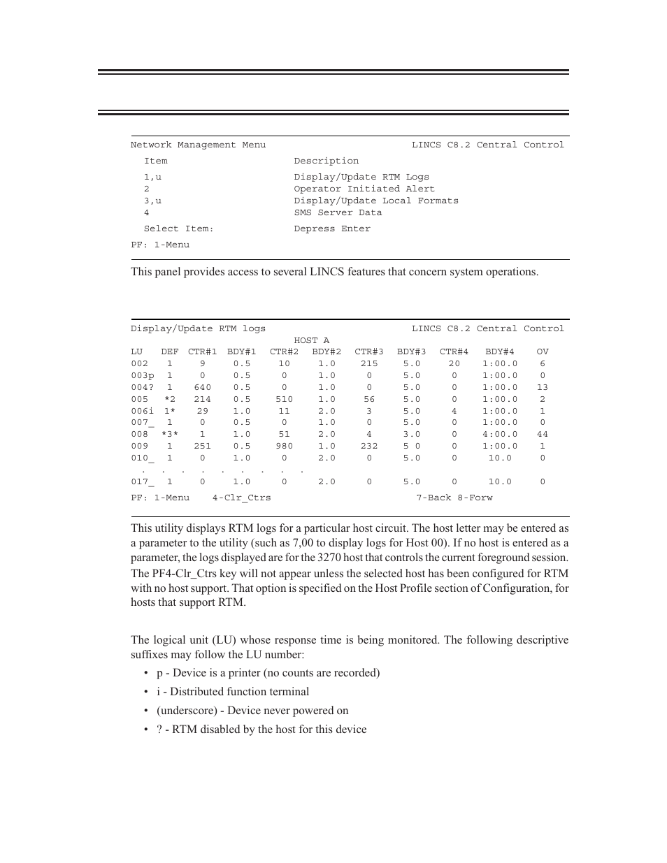 Network management menu, Network management menu 9, Display/update rtm logs | Visara LINCS Central Control User Manual | Page 85 / 180