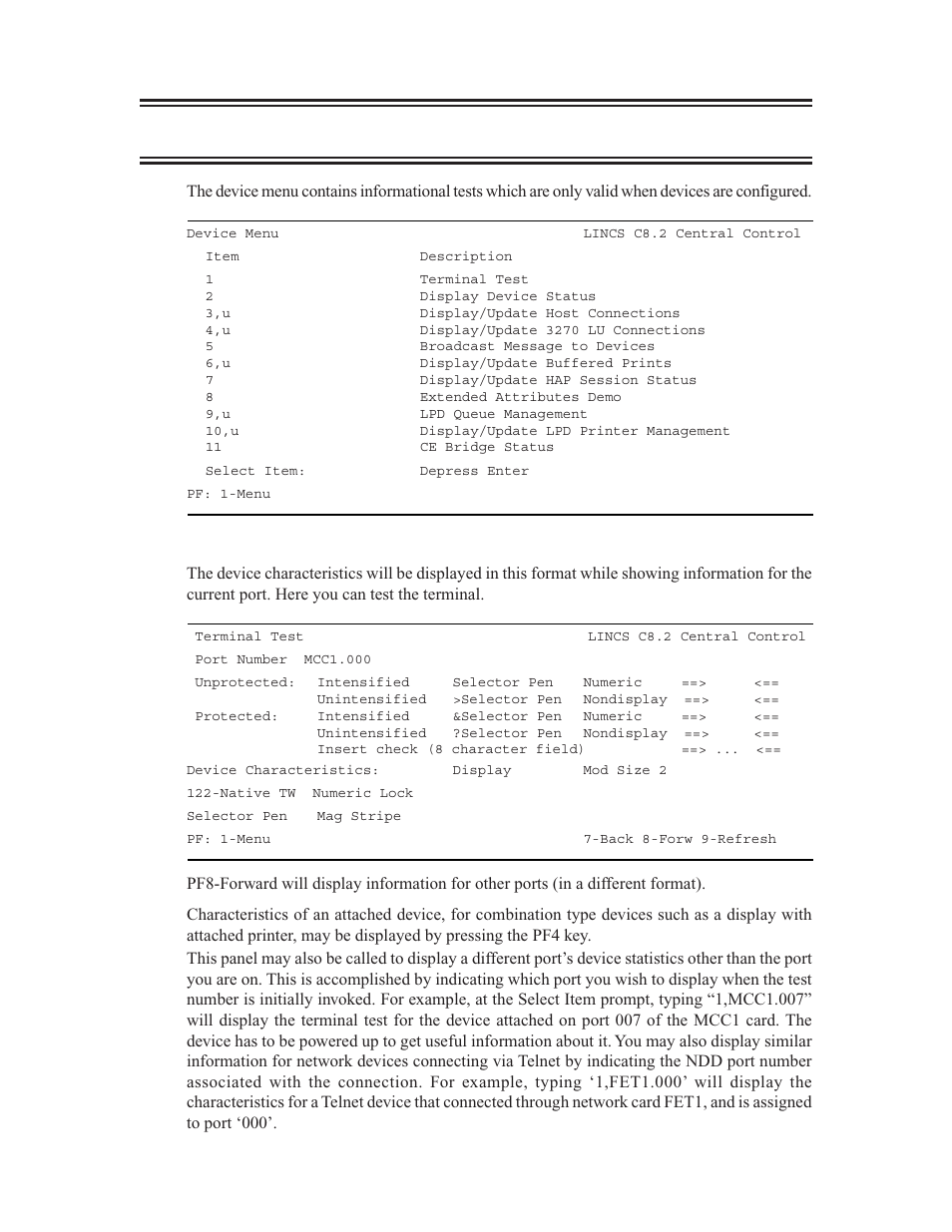 Device menu, Device menu 5, Terminal test and device characteristics | Visara LINCS Central Control User Manual | Page 91 / 180