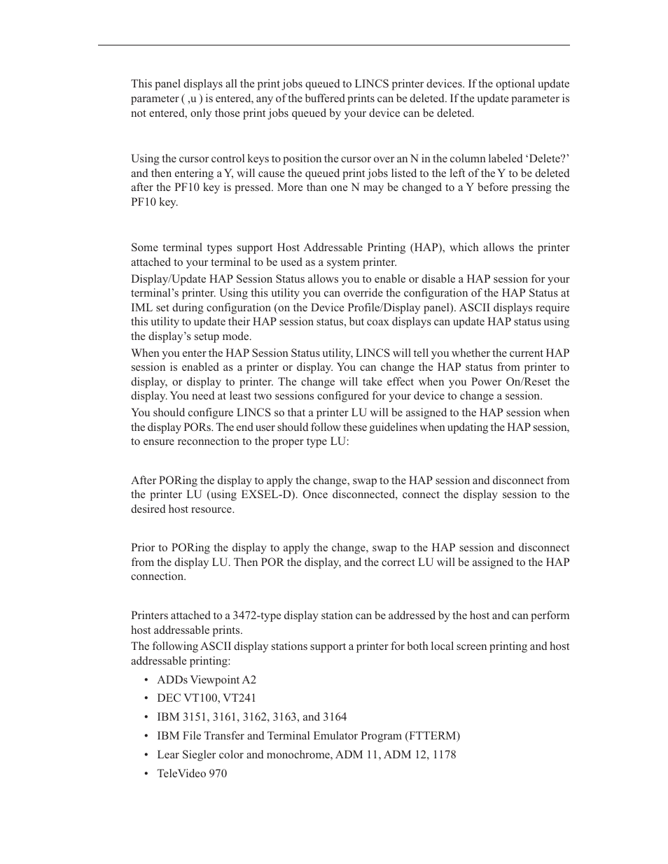 Buffered prints delete, Display/update hap session status | Visara LINCS Central Control User Manual | Page 99 / 180