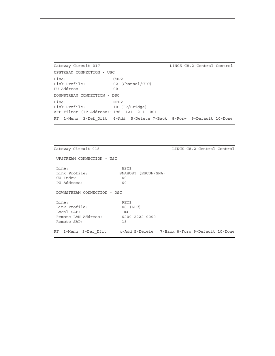 Gateway circuit 017 (ip channel to ethernet - ip), Gateway circuit 018 (escon to ethernet - llc) | Visara LINCS Configuration User Manual | Page 119 / 240